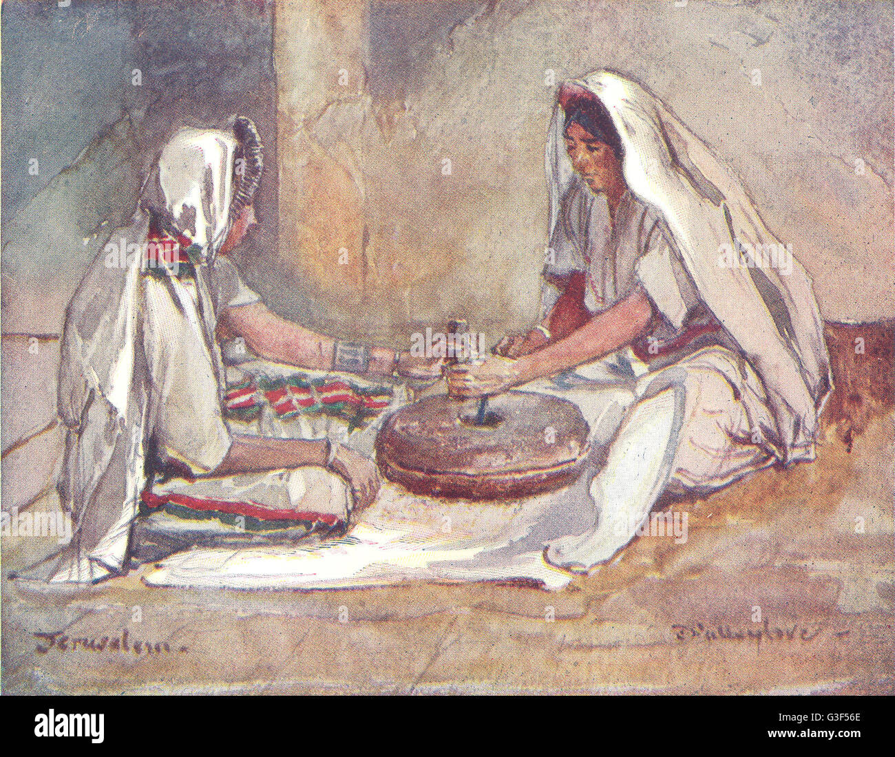 Israël : deux femmes qui moudront à un moulin manuel, antique print 1902 Banque D'Images