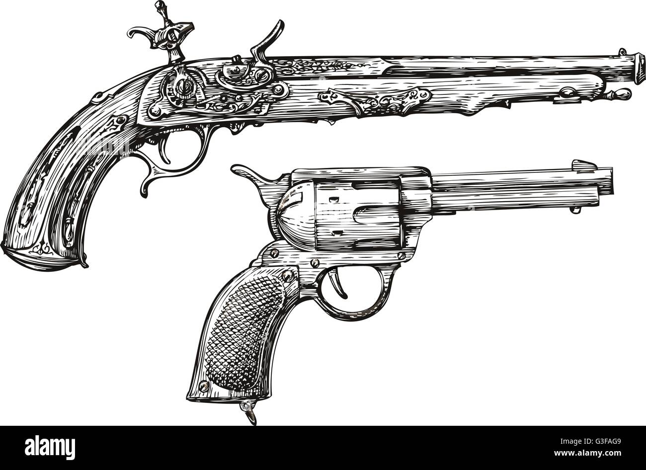 Vintage Gun. Pistolet rétro, mousquet. Esquisse dessinée à la main d'un revolver, arme, arme à feu Illustration de Vecteur
