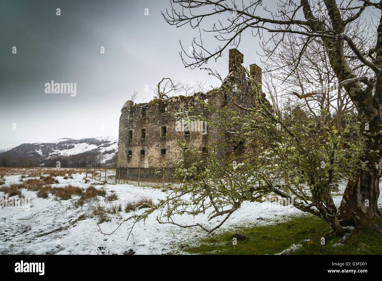 Ruines de Bernera casernes après neige, Glenelg, Western Highlands, Ecosse Banque D'Images
