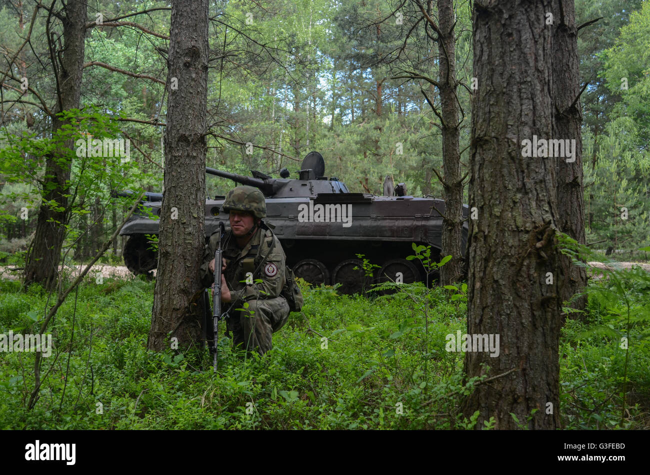 Un soldat polonais détient la position du protecteur par un PSR-1 Suivi amphibie de combat d'infanterie lors de l'exercice Anakonda 16 Juin 9th, 2016 à Nowa Deba, Pologne. Les troupes de l'OTAN 21 pays prennent part à des exercices 2016 Anakonda en Pologne, le plus grand exercice de ce type depuis la guerre froide. Banque D'Images