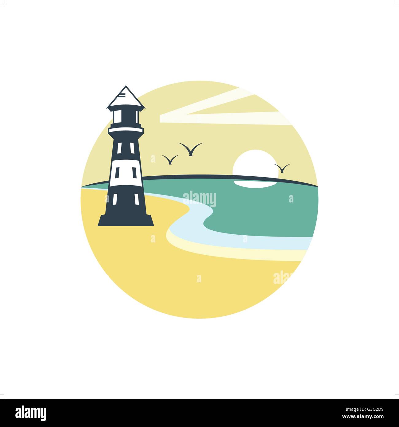 La plage et le phare de jour d'été sur vector illustration isolé sur fond blanc. Illustration de Vecteur