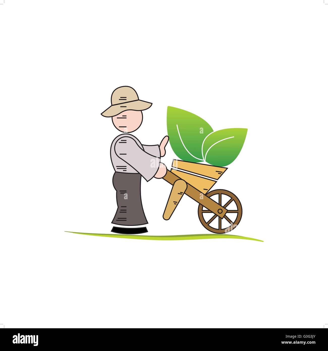 Cartoon style jardinier poussant une brouette avec des graines. Illustration de Vecteur