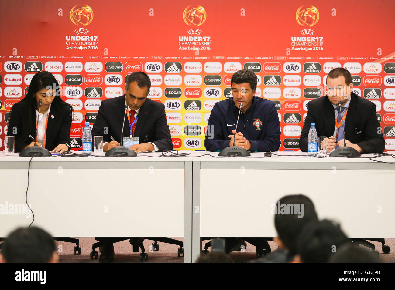 De Sousa Helio Portugal assiste à une conférence de presse après l'UEFA Euro 2016 Championnat moins de 17 l'Azerbaïdjan, Groupe d'un match entre l'Azerbaïdjan / Portugal au Stade Olympique de Bakou. (Photo par Aziz Karimov / Pacific Press) Banque D'Images