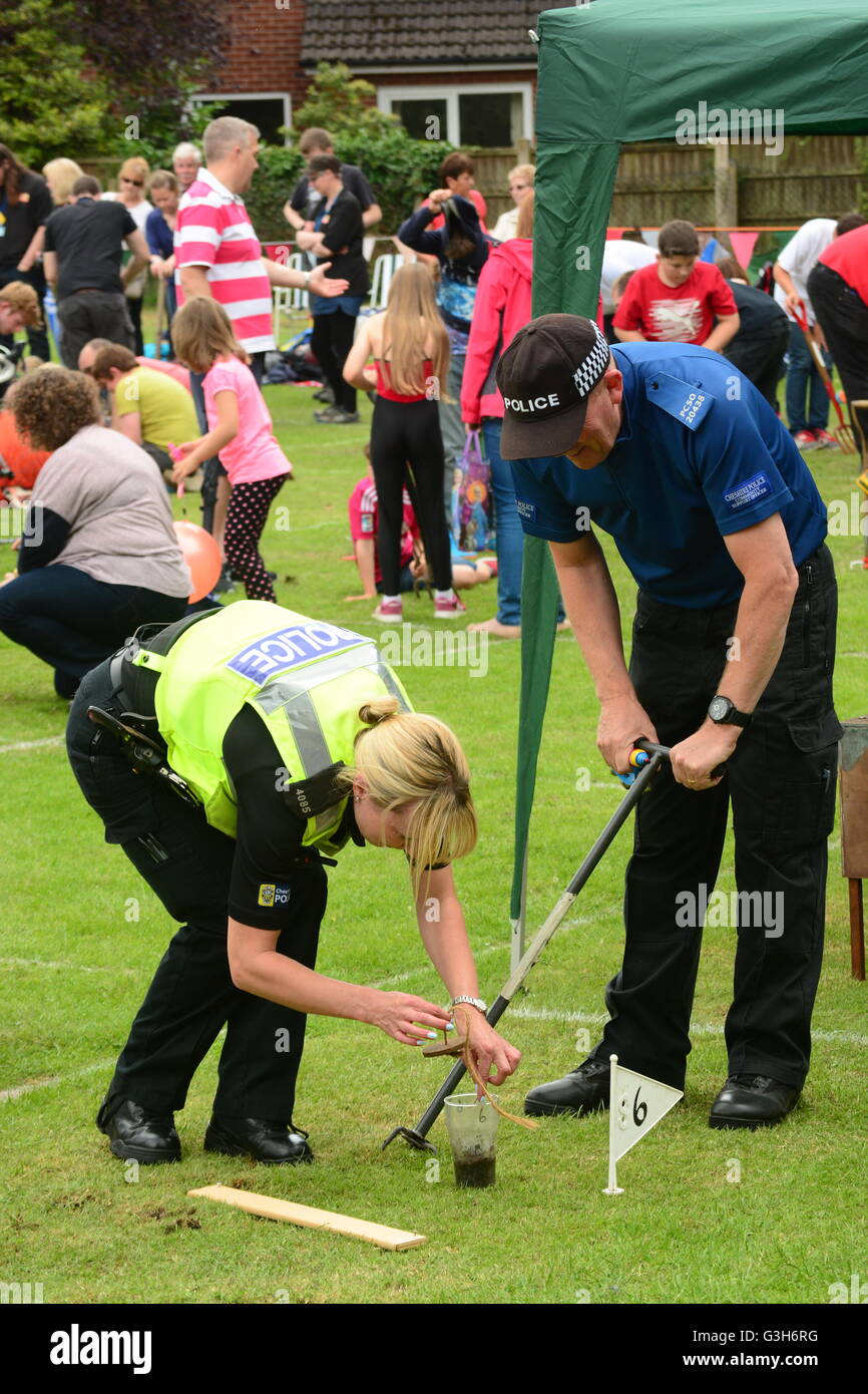 Willaston, Nantwich, Cheshire, Royaume-Uni. 25th juin 2016. 37th Championnat du monde de charme de Worm. L'événement a commencé dans le village en 1980. Les concurrents qui travaillent sur le gazon avec des fourches de jardin pendant 30 minutes pour faire passer le plus de vers à la surface. Un agent de police communautaire aide. Banque D'Images