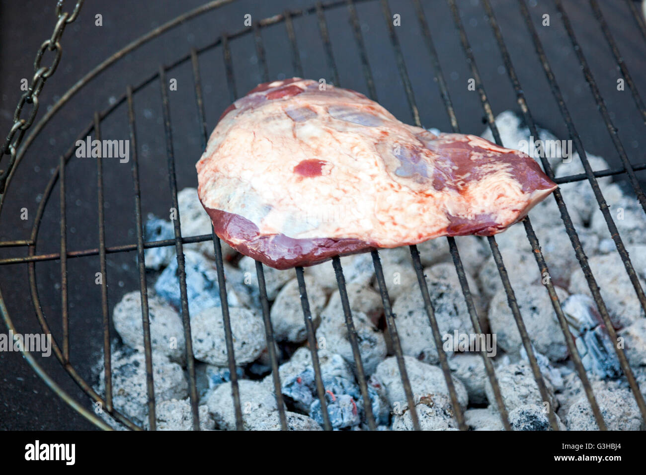 Un morceau de viande crue sur un grill Banque D'Images