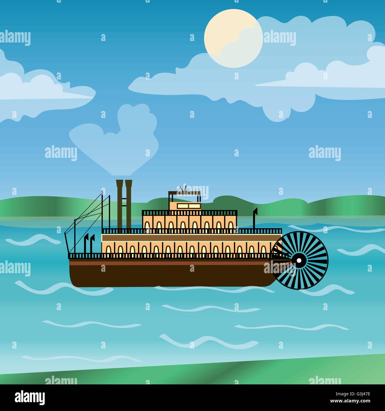 Vintage steamboat navigation sur une rivière Mississippi Illustration de Vecteur