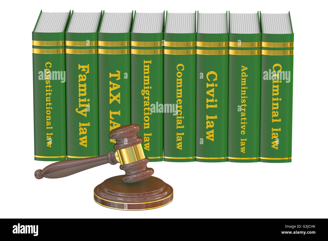 Marteau en bois et ouvrages de droit, rendu 3D isolé sur fond blanc Banque D'Images