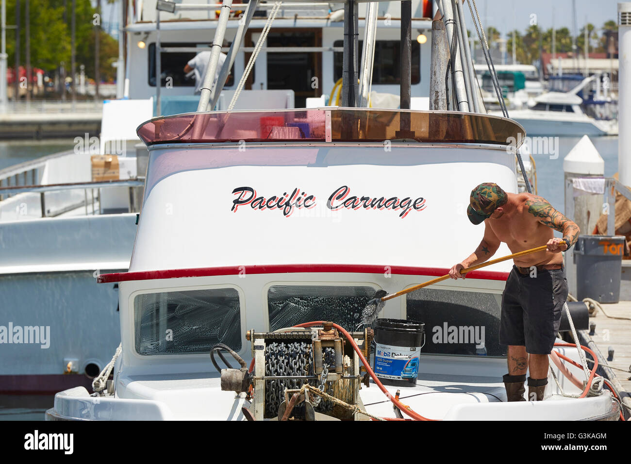 Les Gommages pêcheur Carnage du Pacifique dans le port de Long Beach, arc-en-ciel. Banque D'Images