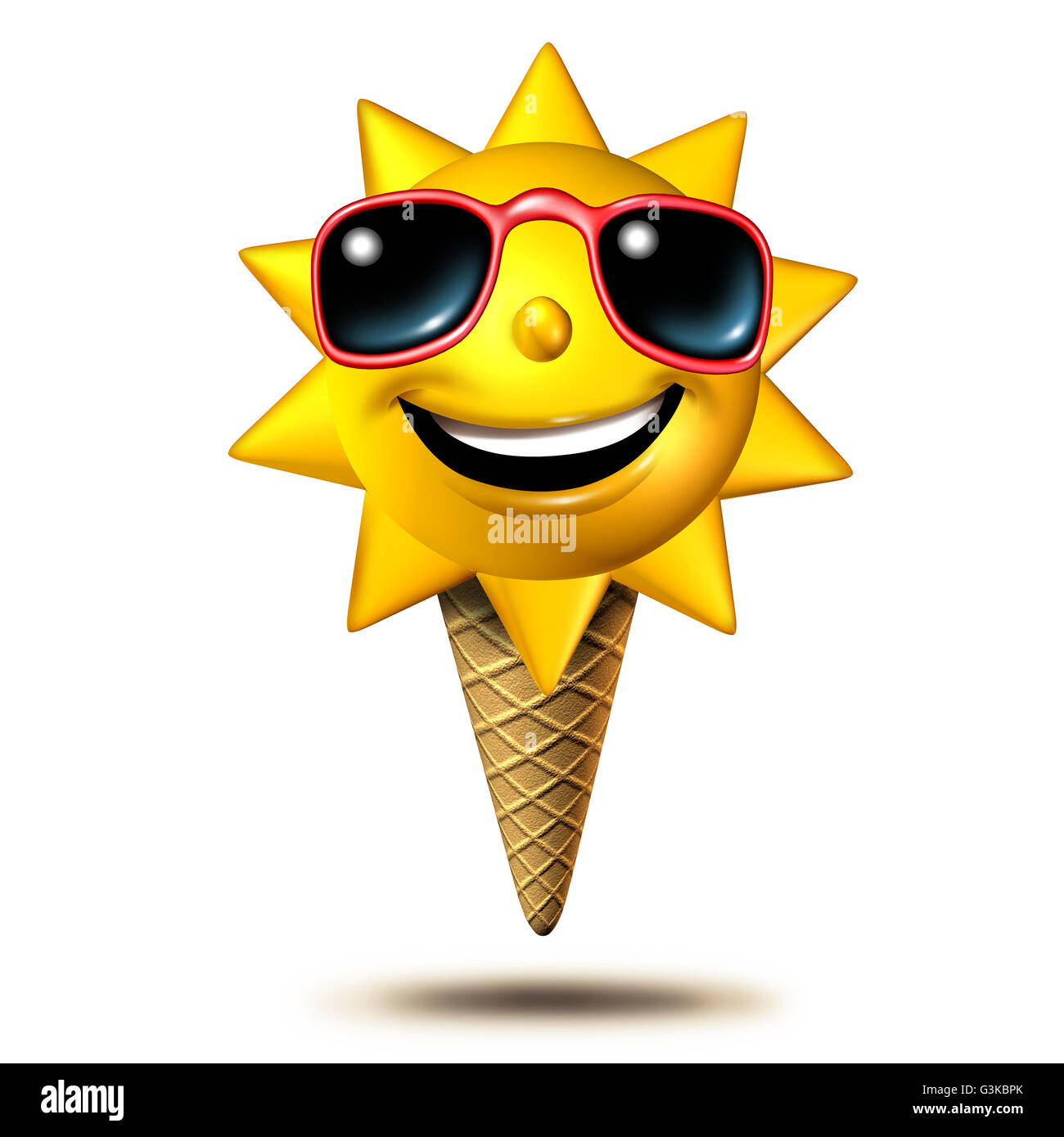 Traiter comme de l'été comme un heureux caractère sun scoop sur un cornet de crème glacée comme un dessert d'été comme un concept 3D illustration sur un fond blanc. Banque D'Images