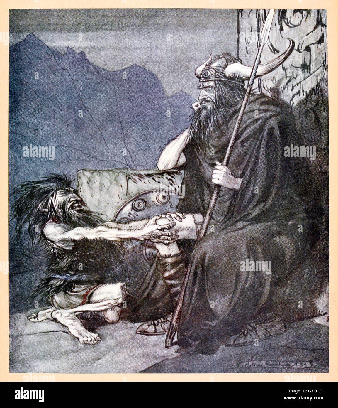 "Jure-moi, Hagen, mon fils !" de Siegfried "& Le Crépuscule des dieux' illustré par Arthur Rackham (1867-1939). Voir la description pour plus d'informations. Banque D'Images