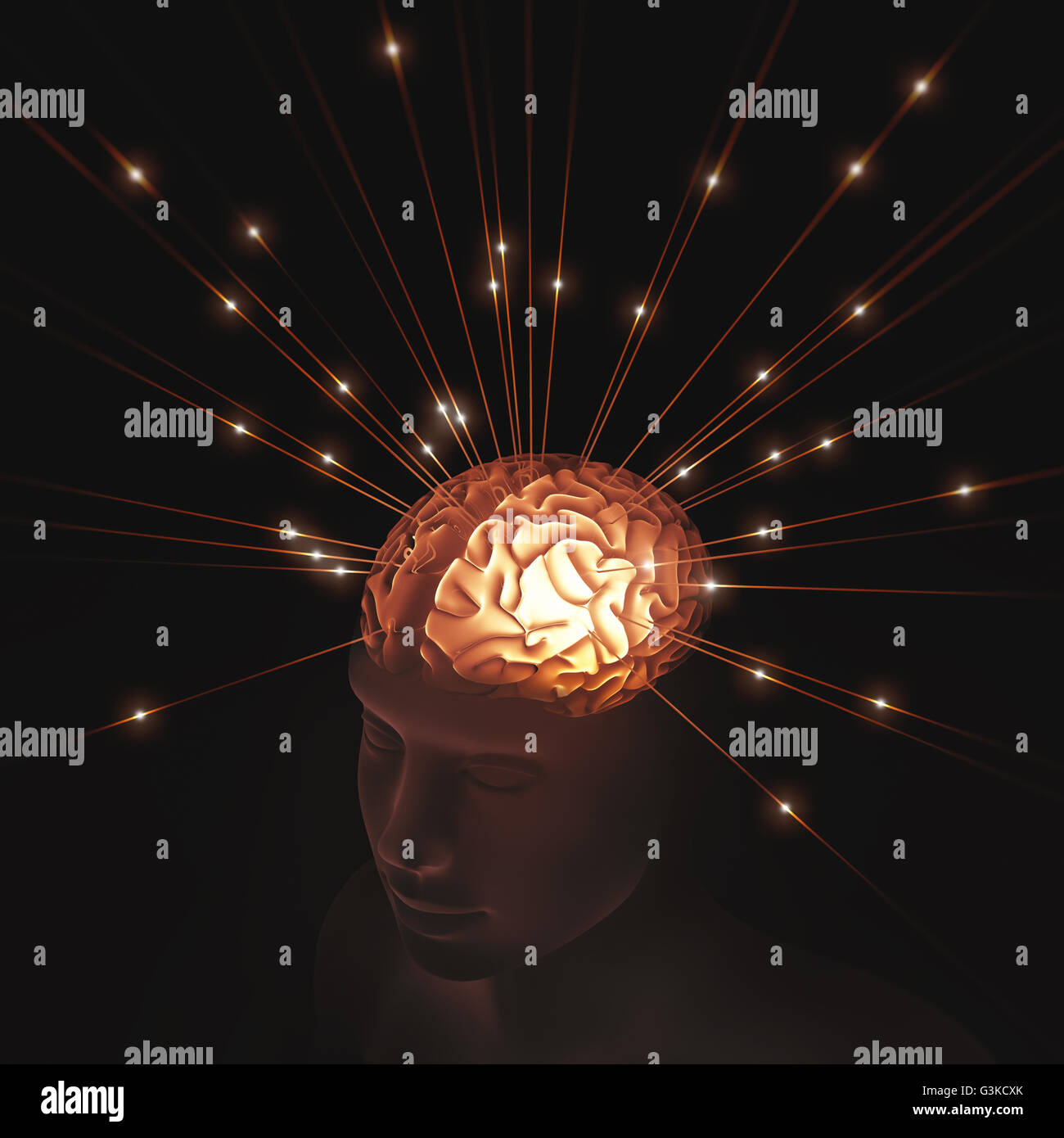 Tête humaine translucide éclairé par des impulsions d'énergie entrant dans le cerveau. Banque D'Images
