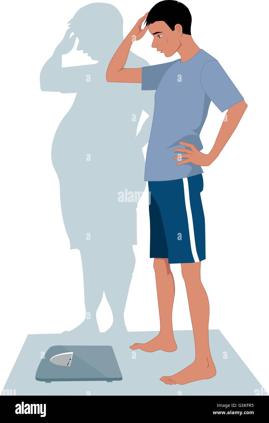 Anorexie masculine. Jeune homme maigre désireux de l'étape sur un pèse-personne à cause de son image corporelle déformée Illustration de Vecteur