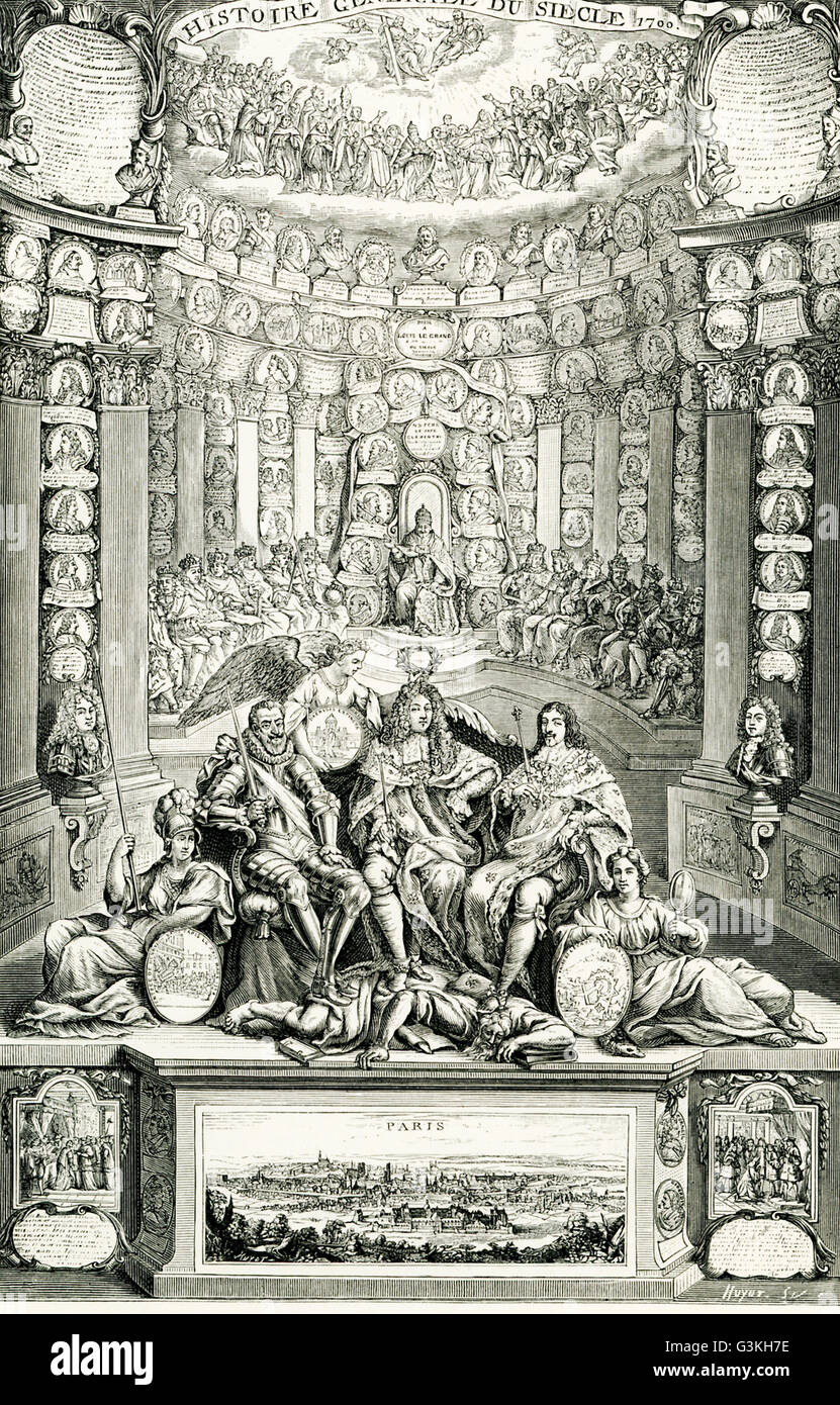 La légende de cette gravure se lit comme suit : "histoire générale du siècle. La petite image, inséré à la base de la pièce, est une vue de Paris par Merian.' Le siècle impliqué est le 17e (1600s). L'illustration a servi de frontispice et a été fait par Boquet. La bannière en haut se lit, en Français : Histoire générale du siècle 1700. Assis dans l'avant-garde sont les rois de France dans les années 1600 - Henry IV, Louis XIII, Louis XIV. Les membres du clergé sont en demi-cercle derrière. Banque D'Images