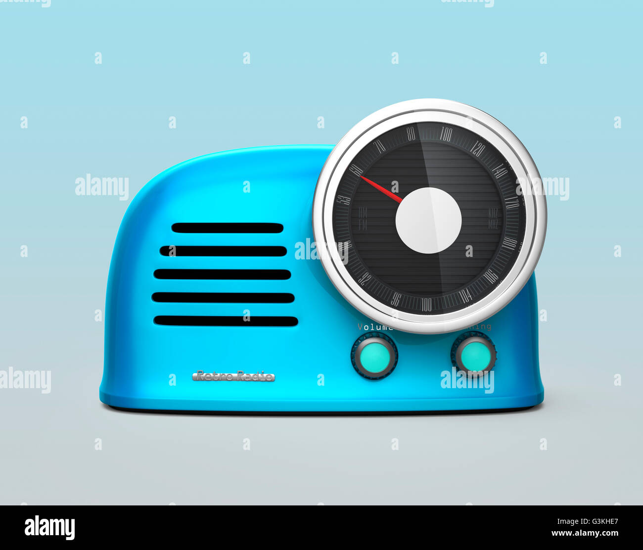 Radio style rétro bleu isolé sur fond bleu clair. Le rendu 3D image avec chemin de détourage. Banque D'Images