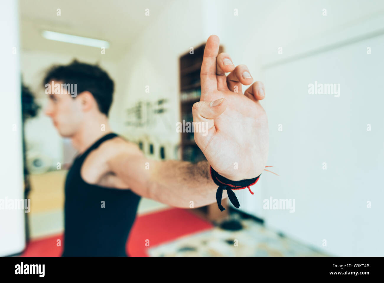Les mains de l'homme soulevées dans la position de l'art martial Banque D'Images