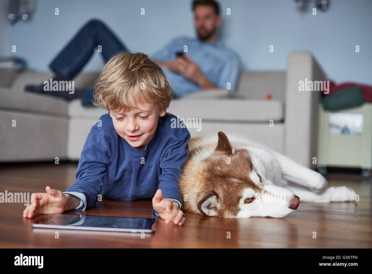 Garçon couché sur le plancher du salon avec husky using digital tablet Banque D'Images