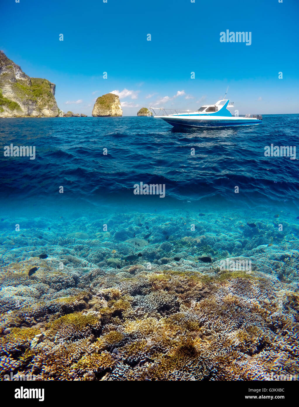 Vue fractionnée sous-marins et de surface dans les tropiques paradis avec yacht, les poissons et les coraux, au-dessus de la flottaison, belle vue sur tr Banque D'Images