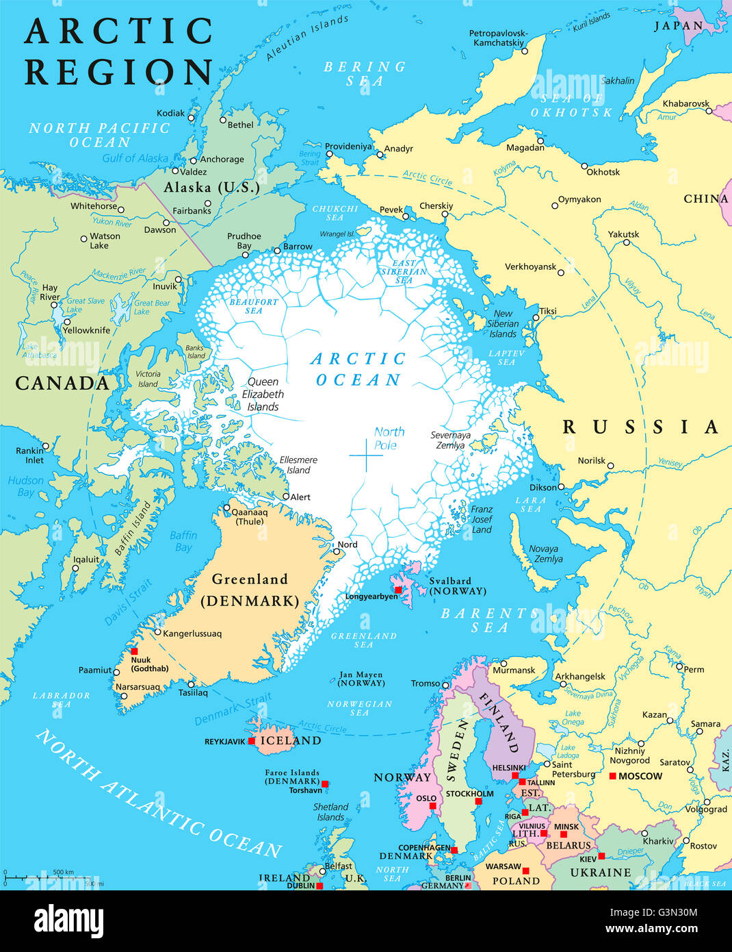 Carte politique de la région de l'Arctique avec les pays, les capitales, les frontières nationales, d'importantes villes, rivières et lacs. Banque D'Images