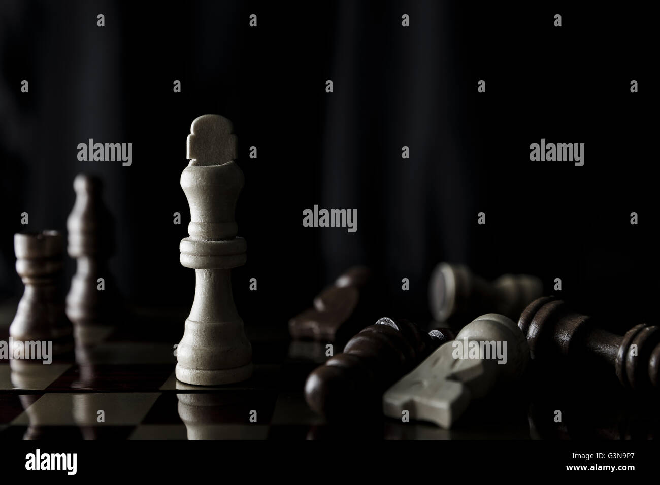 Pièces des échecs du roi debout sur un échiquier.Soft focus Banque D'Images
