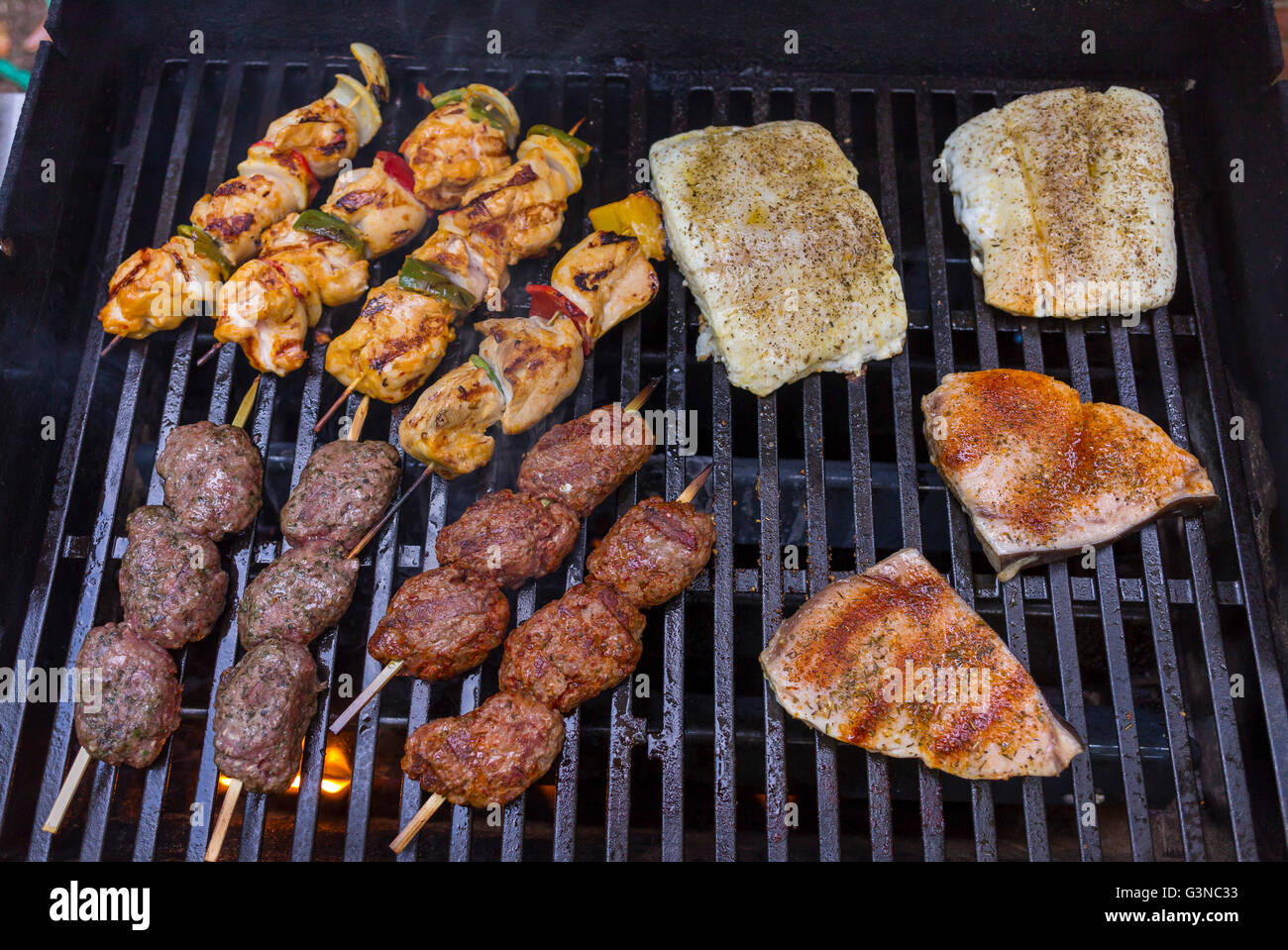 Virginie, USA - brochettes de poulet, agneau kofta, brochettes et poissons grillées sur barbecue. Banque D'Images