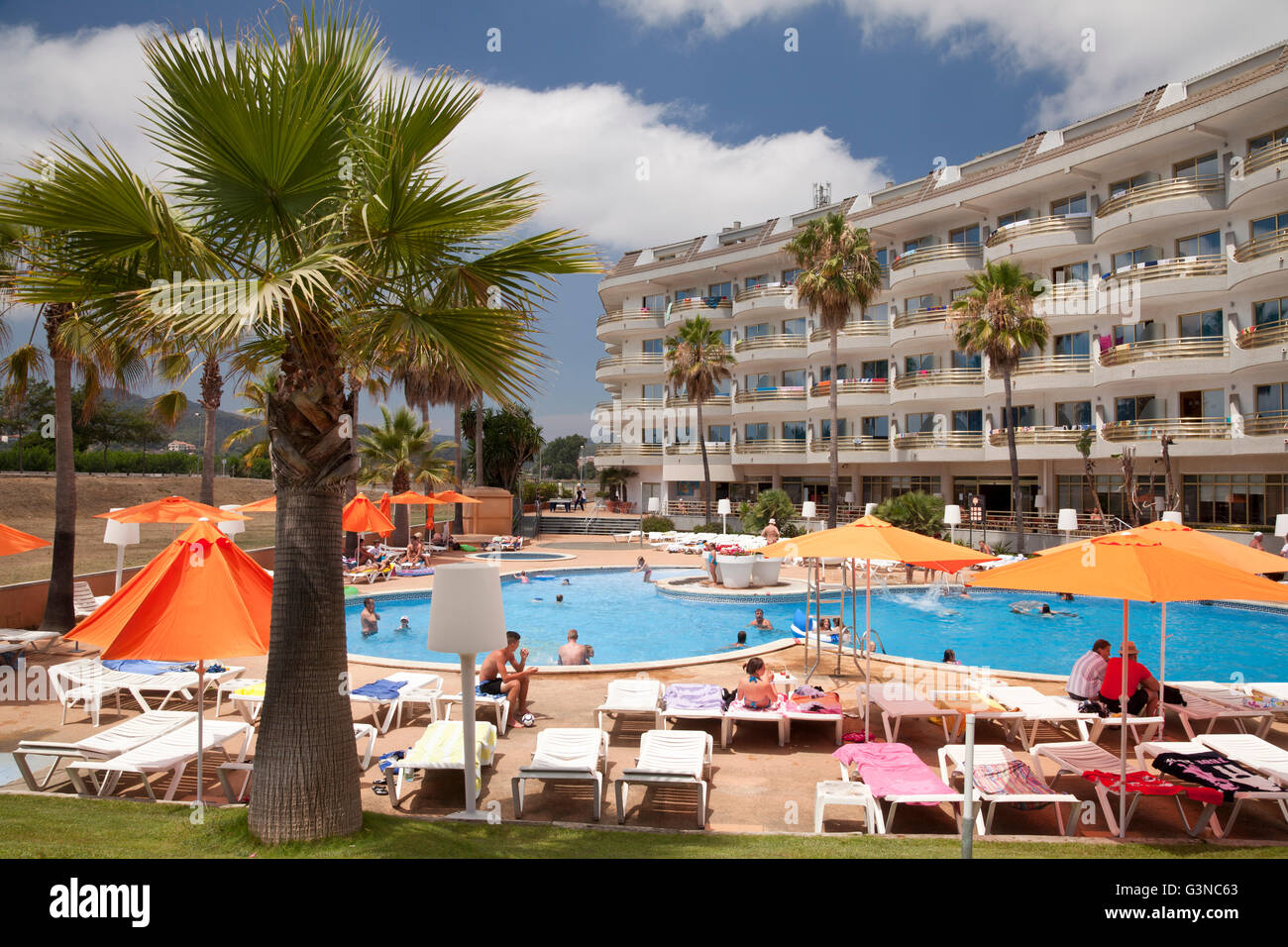 Piscine avec un palmier, le Mercure Hotel, un hôtel 4 étoiles, Santa Susanna, Costa del Maresme, en Catalogne, Espagne, Europe Banque D'Images