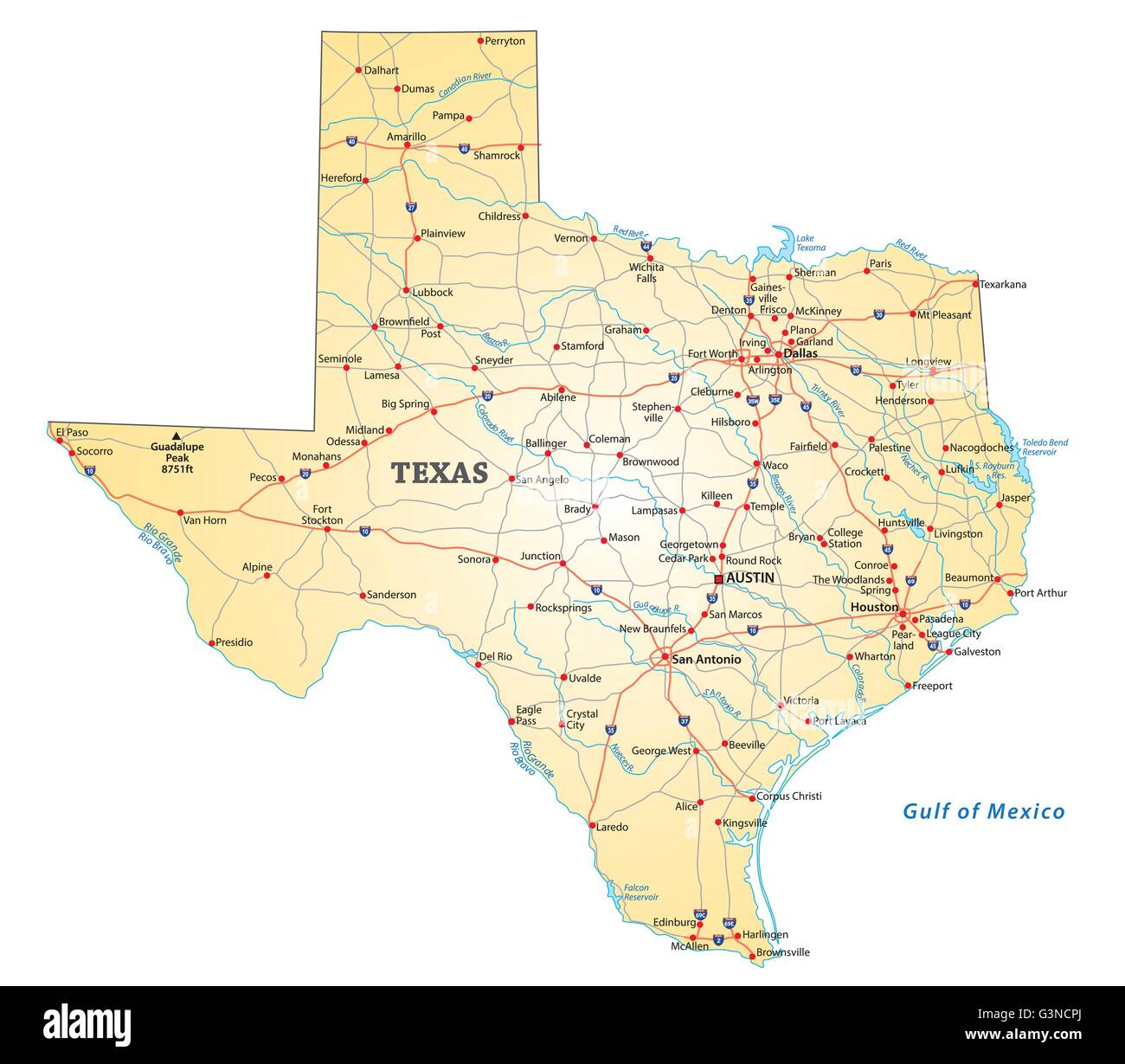 Carte routière de l'Etat américain texas Illustration de Vecteur