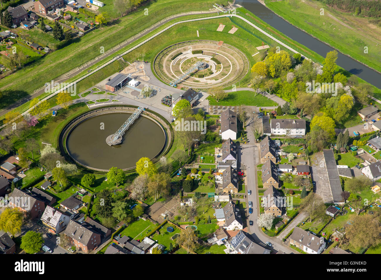 Vue aérienne, parc de Berne, Ebelstrasse 2010 Art Emscher, le traitement des eaux usées, des clarificateurs, monument industriel, Bottrop, la Ruhr, Banque D'Images