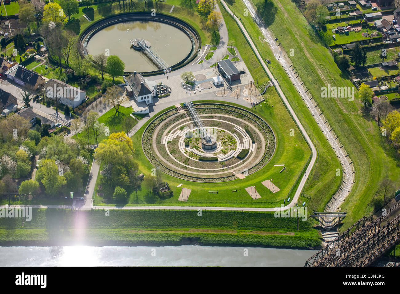 Vue aérienne, parc de Berne, Ebelstrasse 2010 Art Emscher, le traitement des eaux usées, des clarificateurs, monument industriel, Bottrop, la Ruhr, Banque D'Images