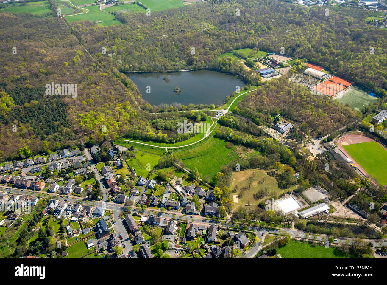 Vue aérienne, l'enrichissement en Rotbachsee Dinslaken, Lippeverband, la conservation de la nature, la gestion de l'eau, Dinslaken, Ruhr, Banque D'Images