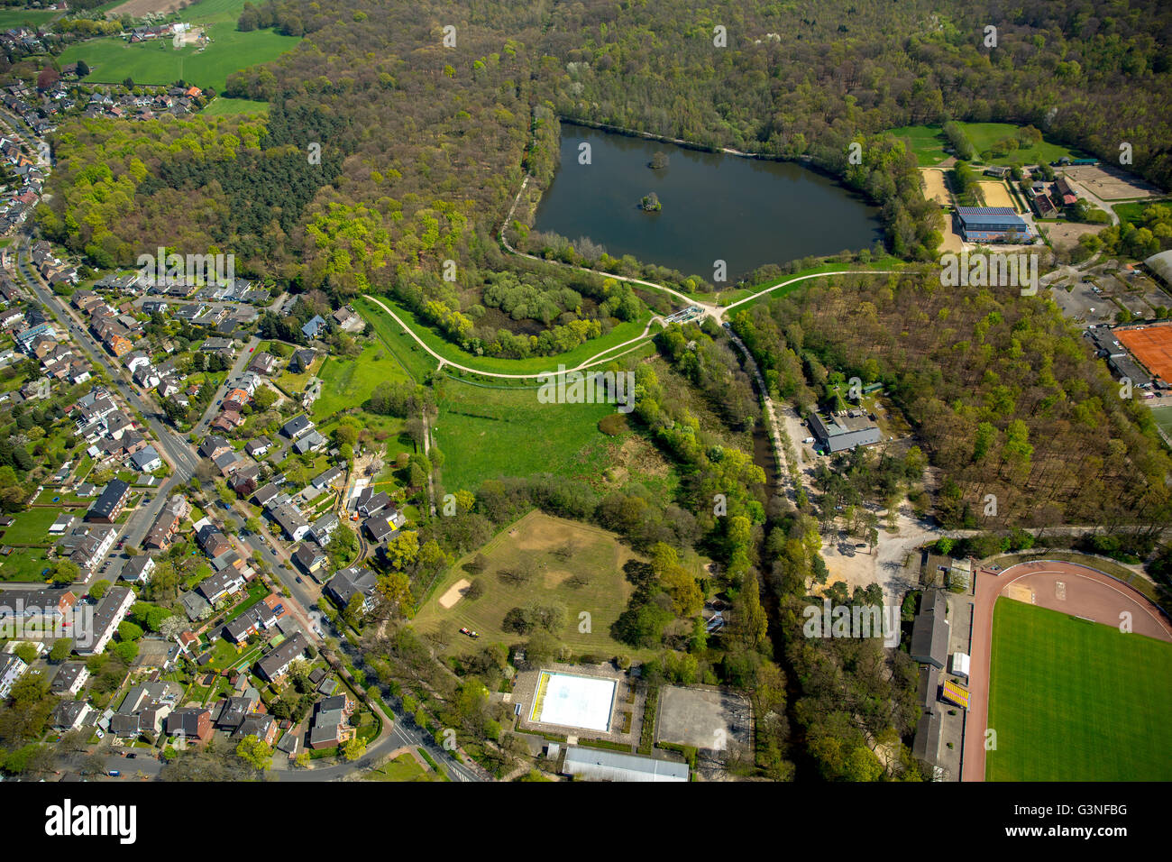 Vue aérienne, l'enrichissement en Rotbachsee Dinslaken, Lippeverband, la conservation de la nature, la gestion de l'eau, Dinslaken, Ruhr, Banque D'Images