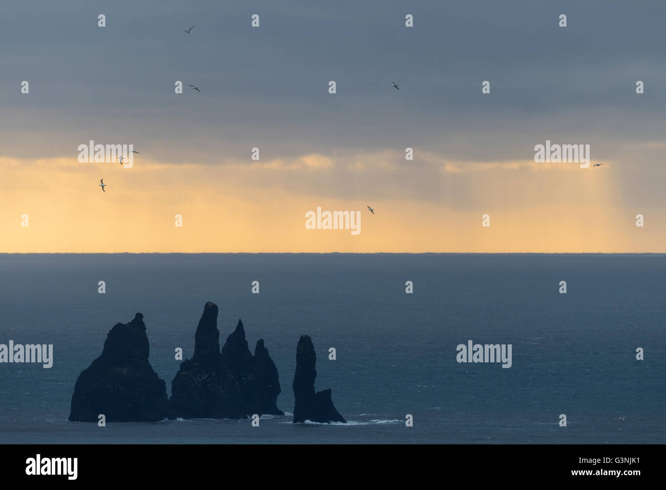 L'humeur des pluies, Reynisdrangar, près de Vik, Région du Sud, Islande Banque D'Images L'humeur des pluies, Reynisdrangar, près de Vik, Région du Sud, Islande Banque D'Images