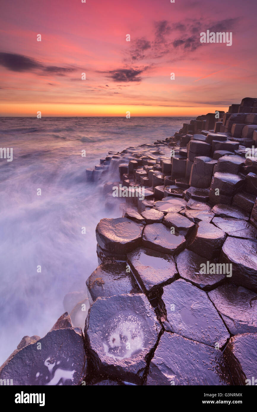 Coucher de soleil sur la roche de basalte de la Chaussée des géants sur la côte nord de l'Irlande du Nord. Banque D'Images