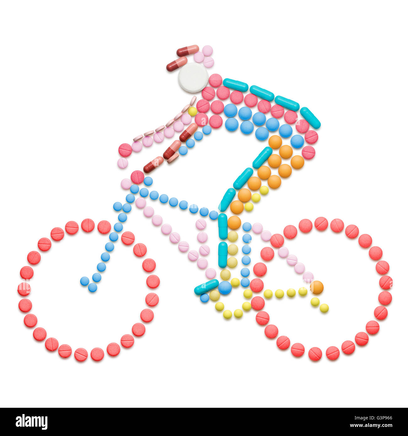 Le dopage médicaments et pilules dans la forme d'un coureur sur un vélo. Banque D'Images