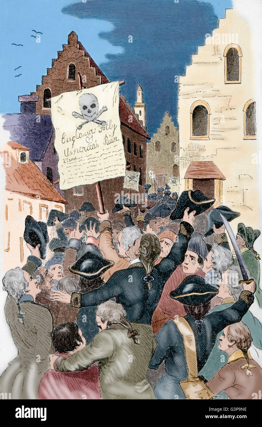 United States. New York. 18e siècle. Les protestations de la Stamp Act 1765 commandées par le Parlement de Grande-Bretagne qui a imposé une taxe directe sur les treize colonies de l'Amérique britannique. La gravure. La Révolution américaine. De couleur. Banque D'Images