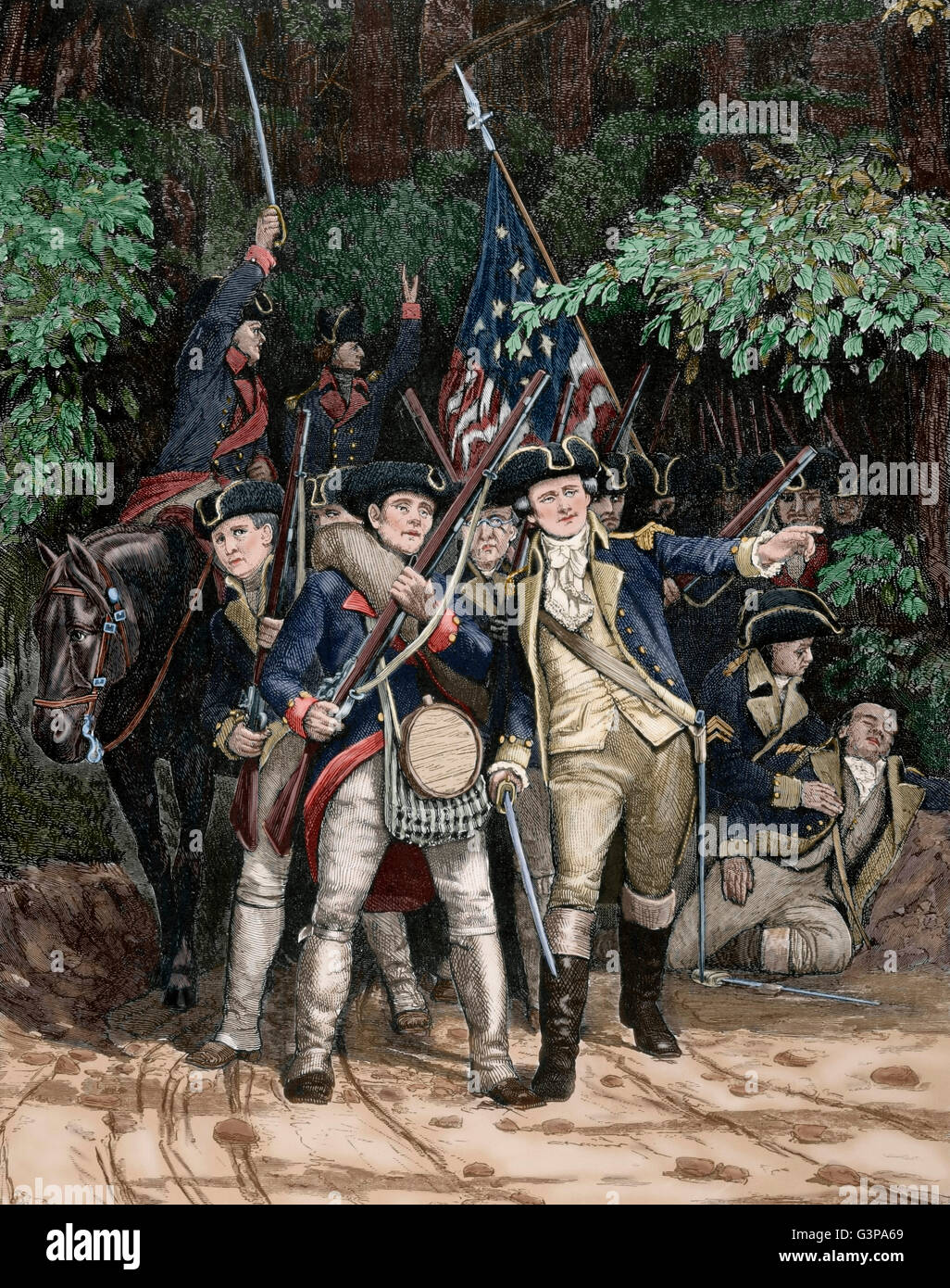 Guerre d'Indépendance américaine (1775-1783). Les soldats de la révolution américaine. Gravure par Julian Scott dans le Harper's Weekly, 1876. De couleur. Banque D'Images