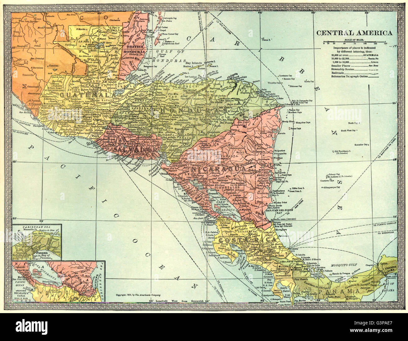 L'AMÉRIQUE CENTRALE. Honduras britannique Panama Nicaragua, Guatemala Canal 1907 map Banque D'Images