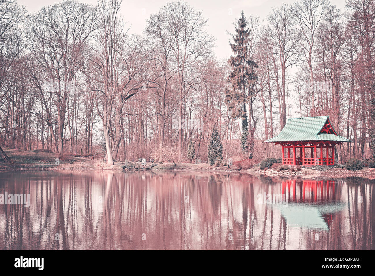 Jardin japonais aux couleurs rétro avec étang. Banque D'Images