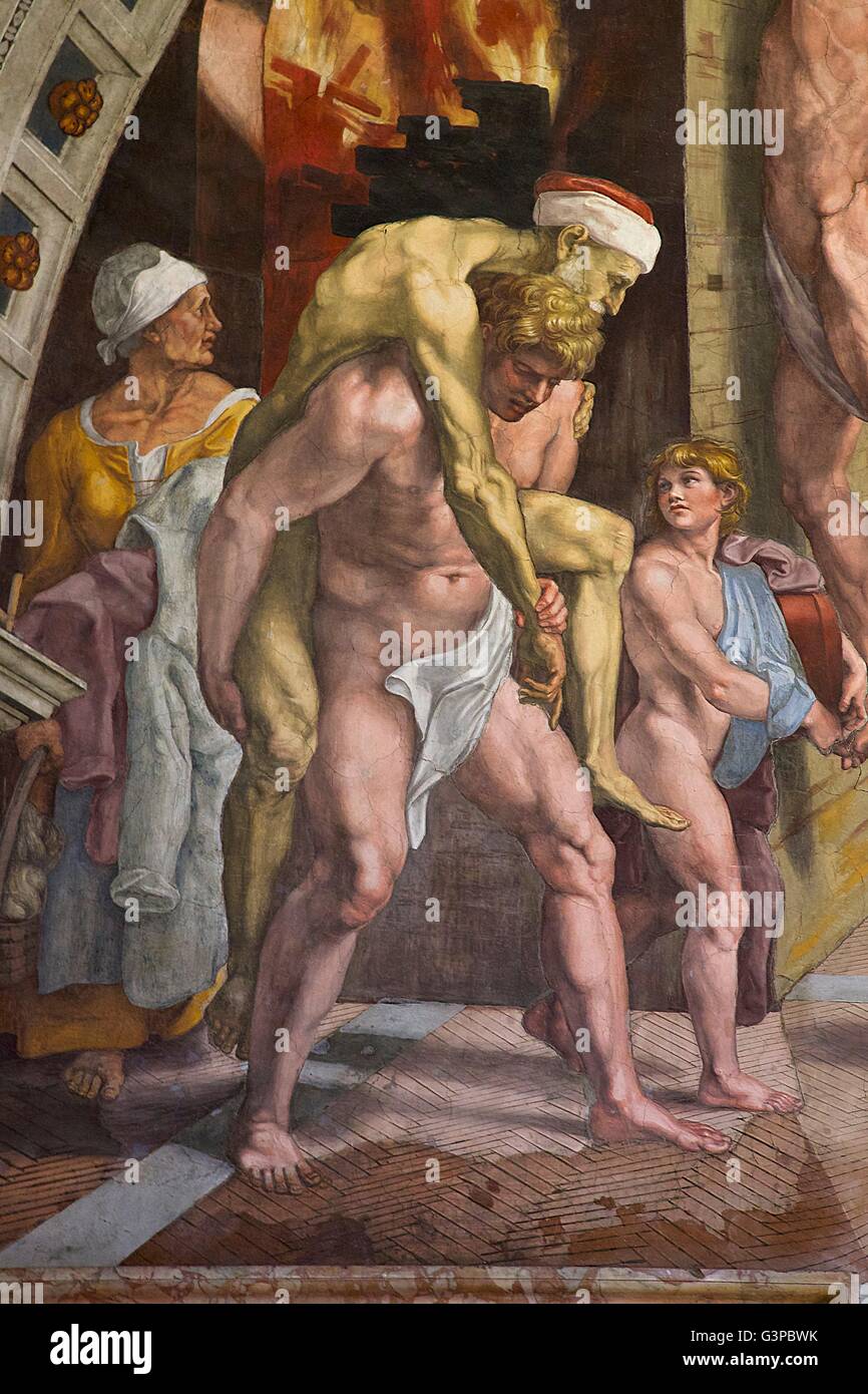 Détail de l'incendie dans le Borgo, par Giulio Romano, 1514, Raphael, Palais apostolique, les Musées du Vatican,. Rome, Italie Banque D'Images