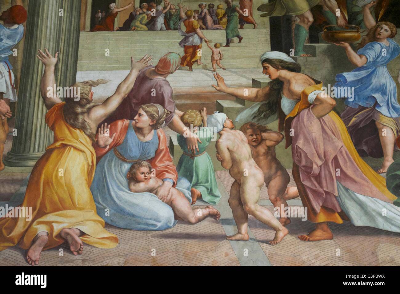 Détail de l'incendie dans le Borgo, par Giulio Romano, 1514, Raphael, Palais apostolique, les Musées du Vatican,. Rome, Italie Banque D'Images