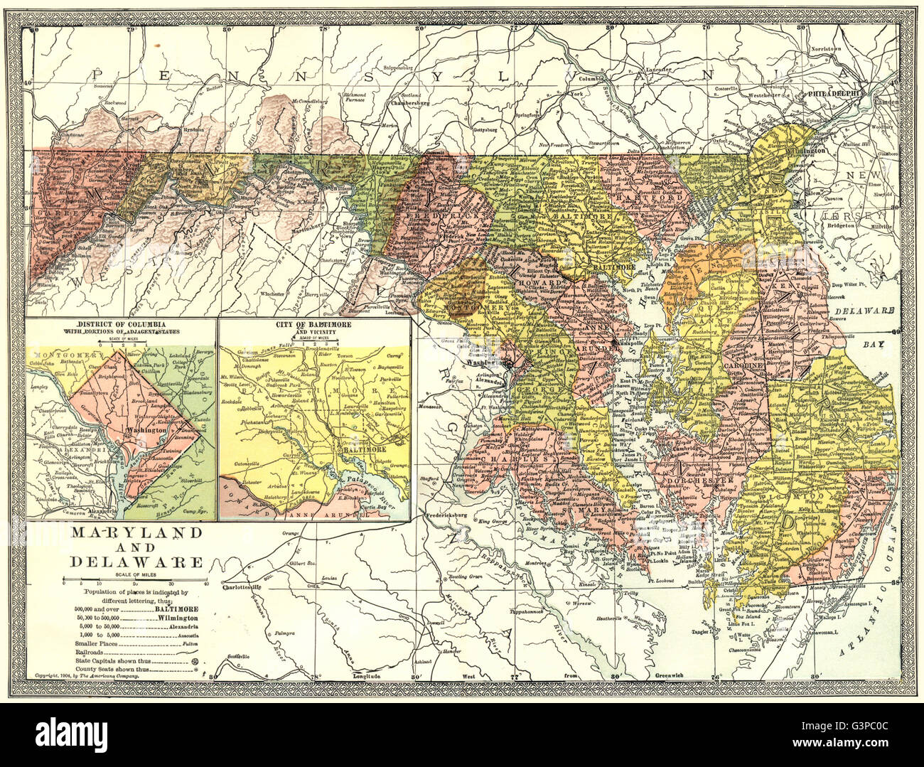 Le Maryland et Delaware state carte. District de Columbia. Plan de Baltimore, 1907 Banque D'Images
