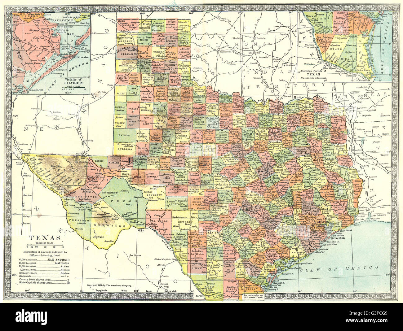 Carte de l'état du Texas. Comtés. Galveston environs, 1907 Banque D'Images