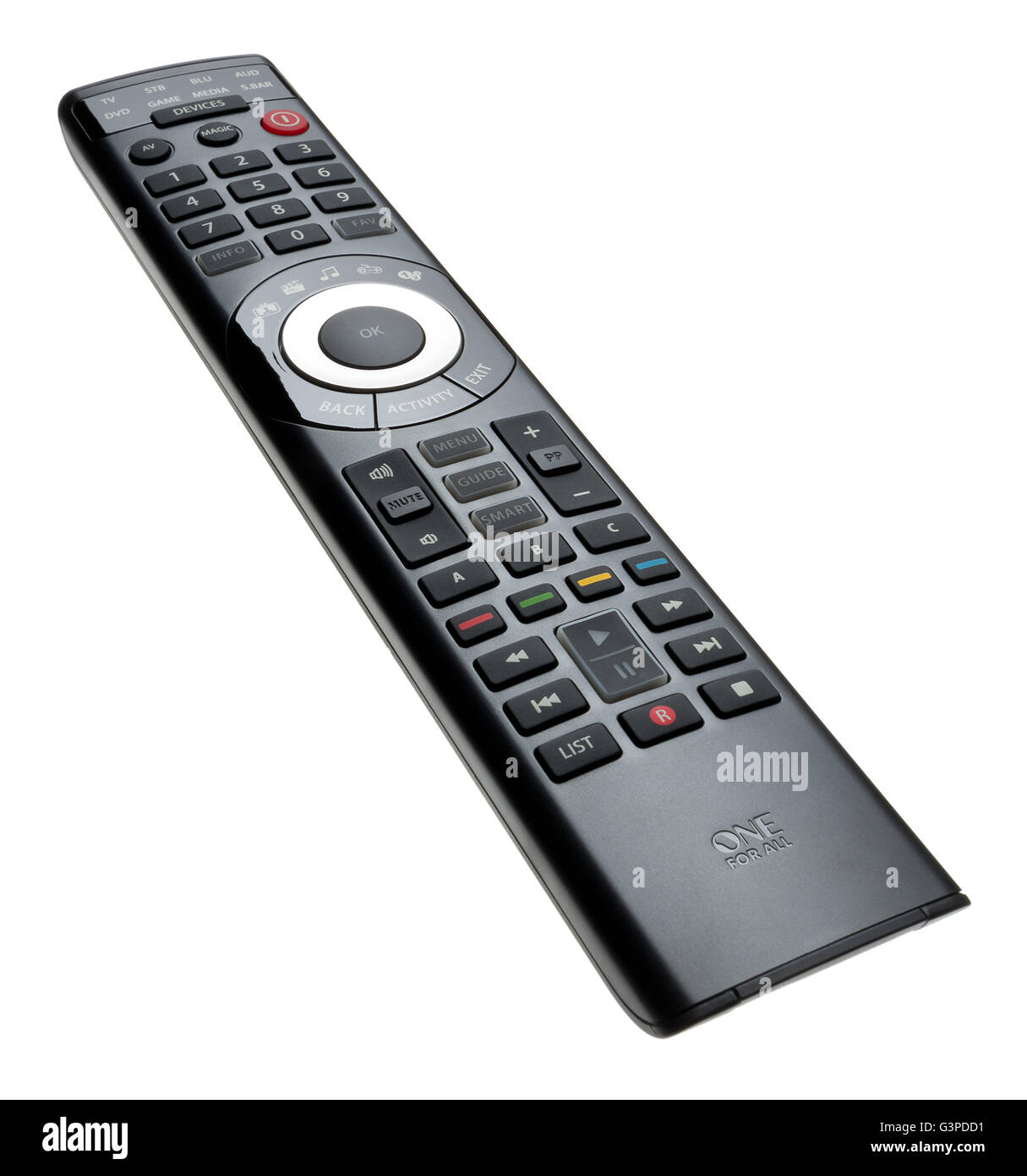 Une marque pour l'ensemble de la télécommande universelle pour la télévision et les périphériques connectés. Smart Remote pour jusqu'à 8 appareils différents. Banque D'Images