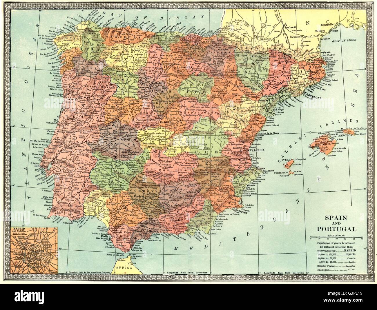 Iberia L Espagne Et Le Portugal L Encart Plan De Madrid 1907 Carte Antique Photo Stock Alamy
