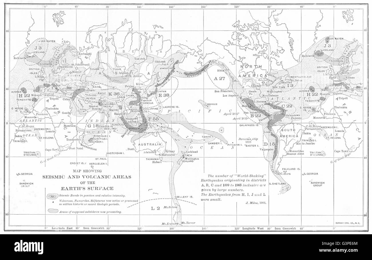 Carte montrant les zones sismique et volcanique de la surface de la Terre, 1907 Banque D'Images