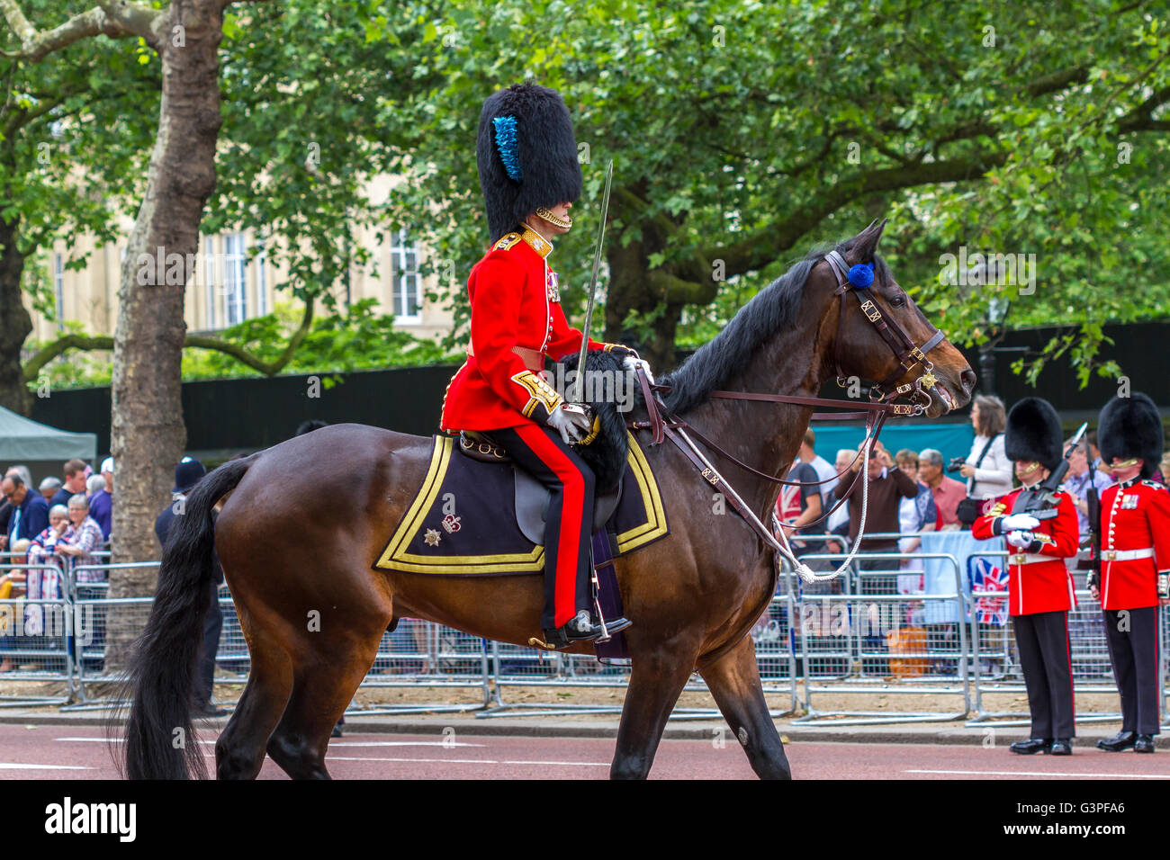 Un officier des gardes irlandais à cheval le long du Mall à la Queens Birthday Parade, également connu sous le nom de Trooping the Color, Londres, Royaume-Uni Banque D'Images