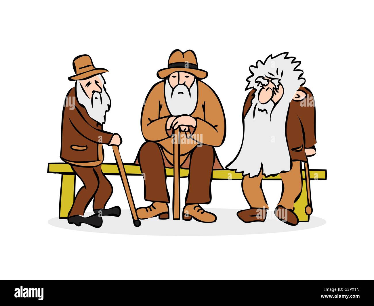 Trois drôles de vieux hommes assis sur le banc. Vieil homme avec chapeau et  canne. Triste grand-père avec une longue barbe assis sur un banc Image  Vectorielle Stock - Alamy