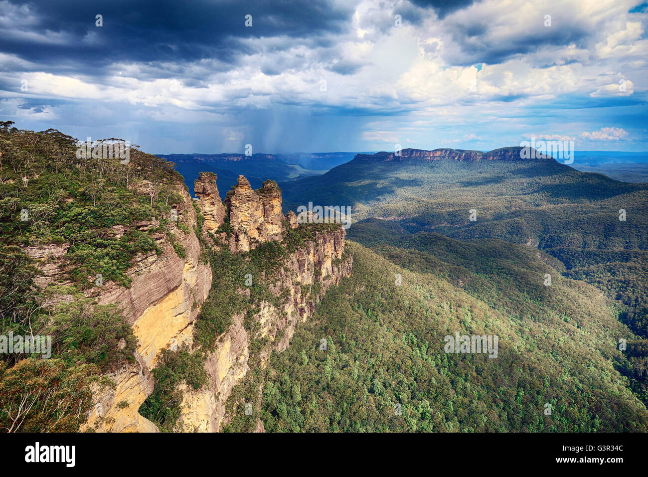 Effet HDR sur Echo point vue panoramique dans la région de Blue Mountains National Park, New South Wales, Australie. Banque D'Images