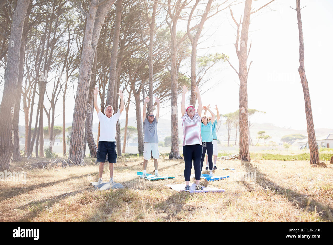 Aînés La pratique du yoga à sunny park Banque D'Images