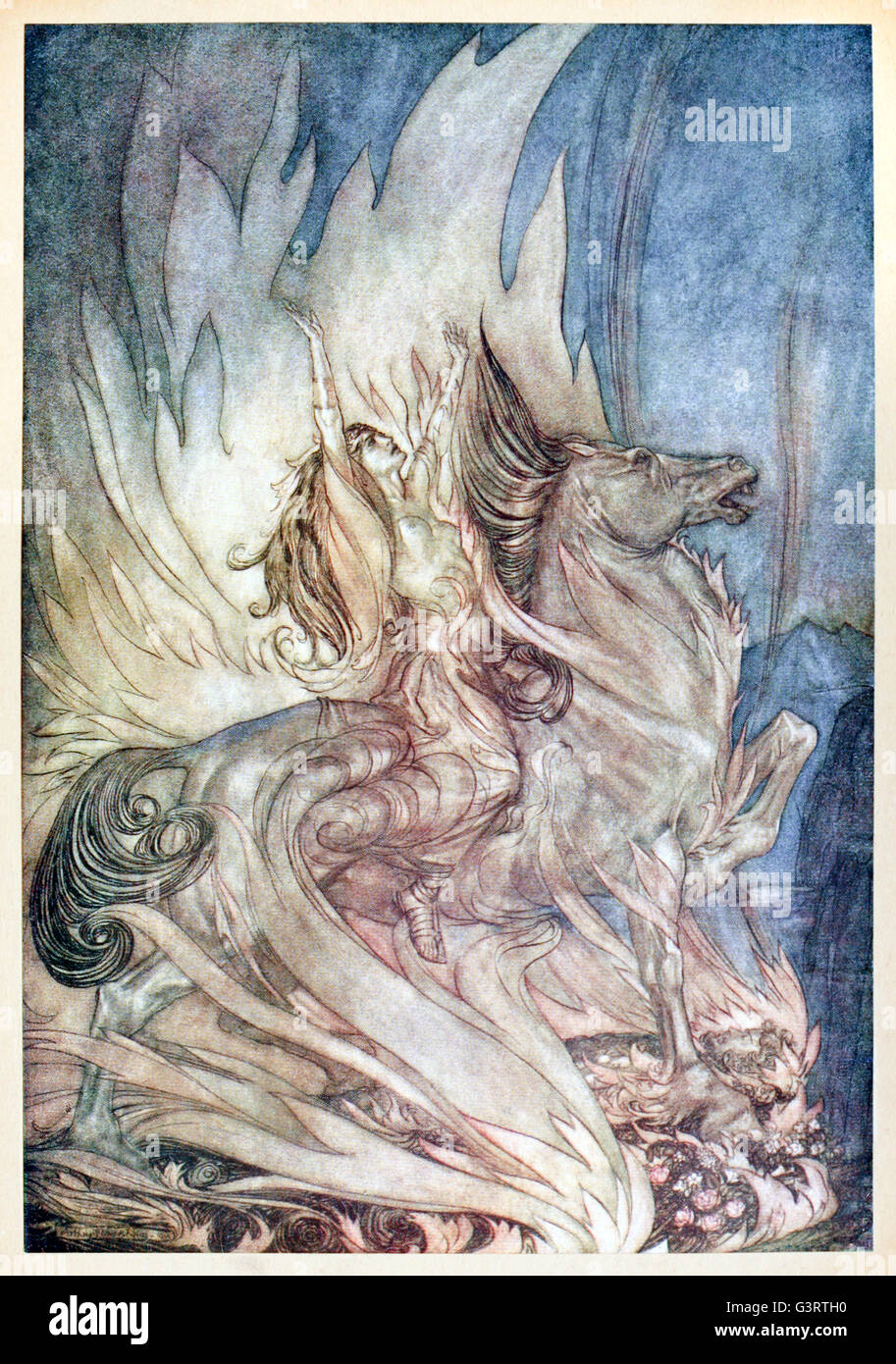 "Brunnhilde sur Grane bondit sur le bûcher funéraire de Siegfried" de Siegfried "& Le Crépuscule des dieux' illustré par Arthur Rackham (1867-1939). Voir la description pour plus d'informations. Banque D'Images
