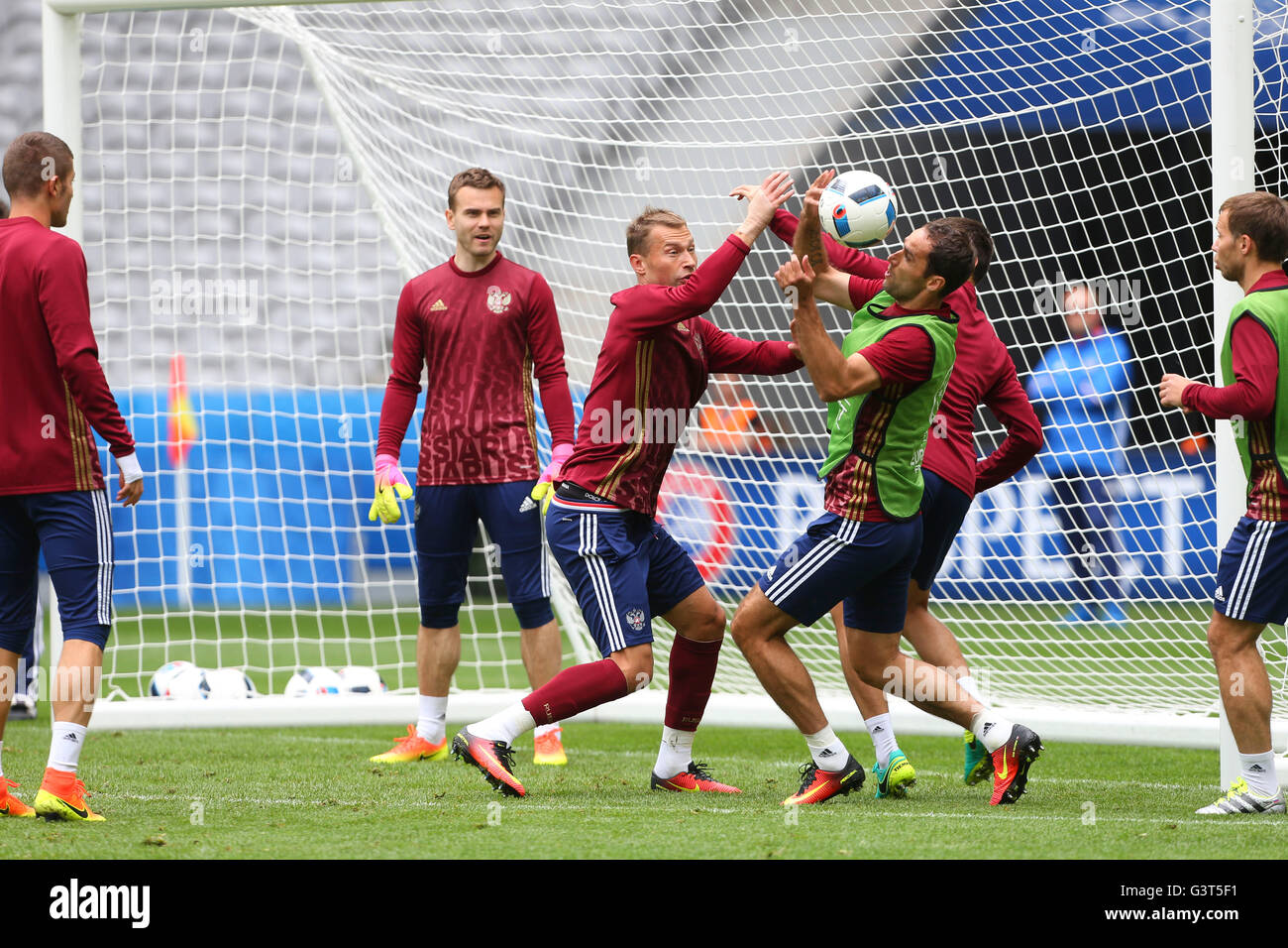 Lille, France. 14 Juin, 2016. Championnat de Football européen de formation. La Russie Vassili Berezutski équipe et Roman Shirokov : Action Crédit Plus Sport Images/Alamy Live News Banque D'Images